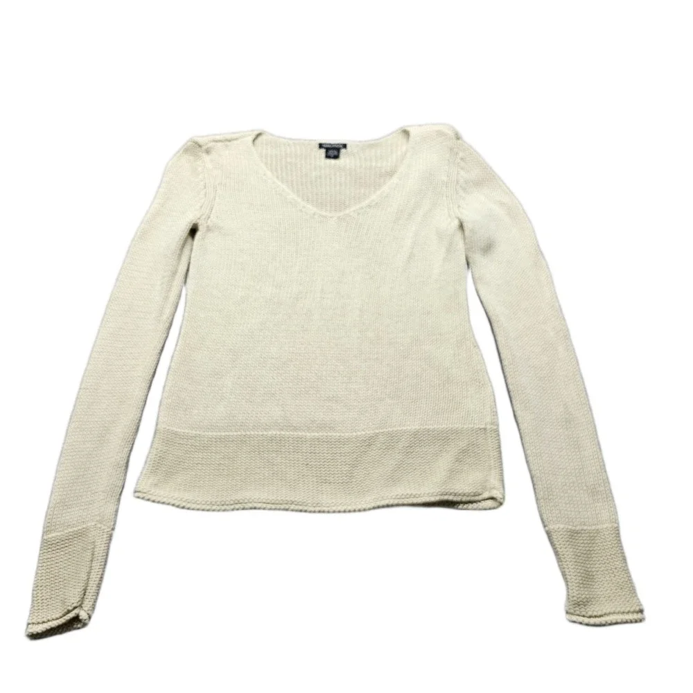 Nautica Chunky Knit Sweater Womens Size Small Cream Long Sleeve V-Neck Pullover